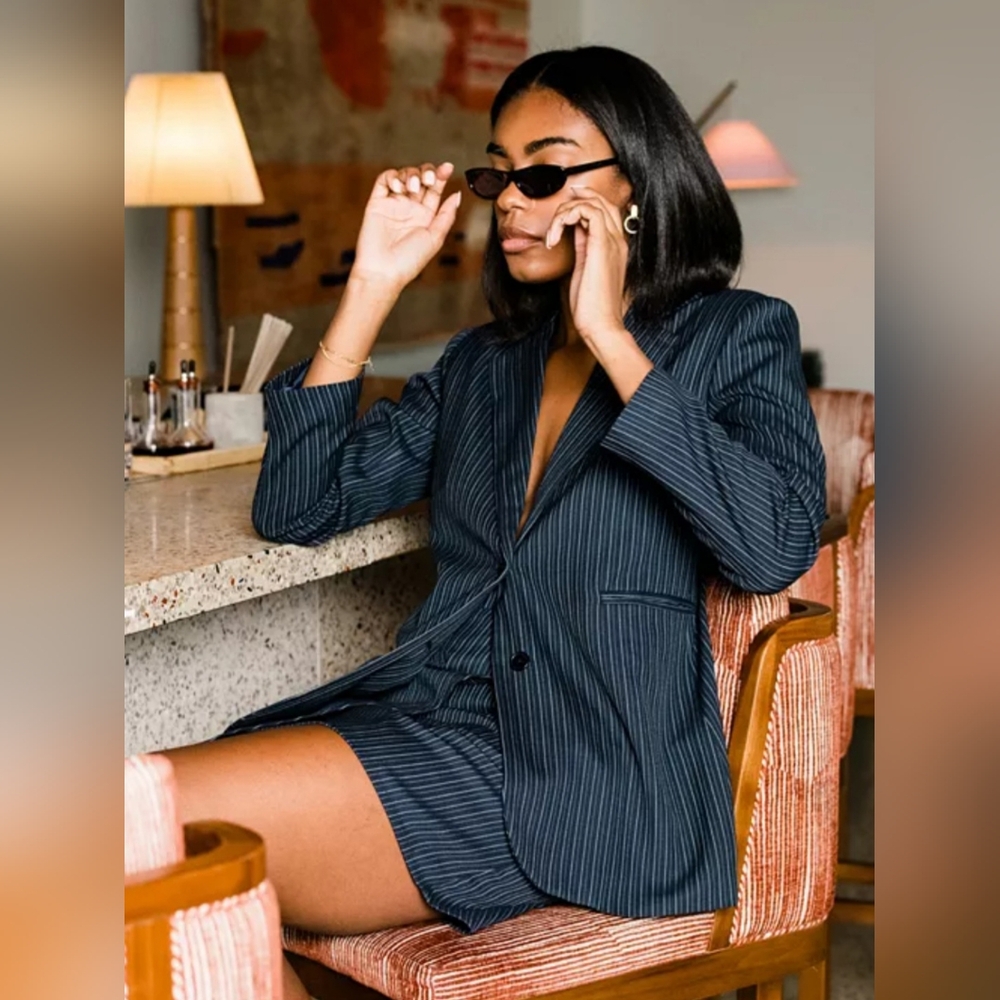 ABLE Michelle Blazer & Micayla Wrap Mini Skirt Midnight/Chalk Stripe Small New!